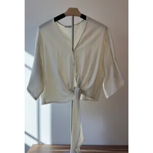 Mango Tie-front Textured Cardigan in Light Cream - Small